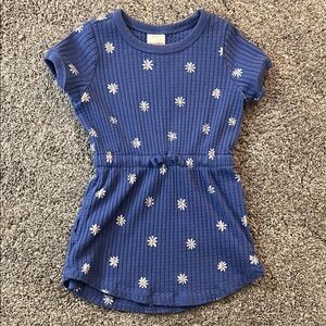 Blue Ribbed Dress with Daisy Embroidery